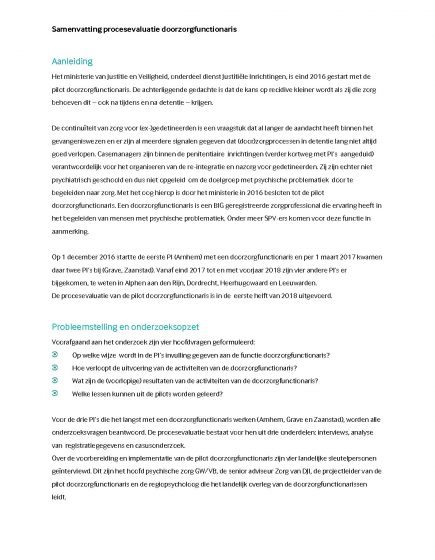 Samenvatting procesevaluatie pilot Doorzorgfunctionaris PI’s