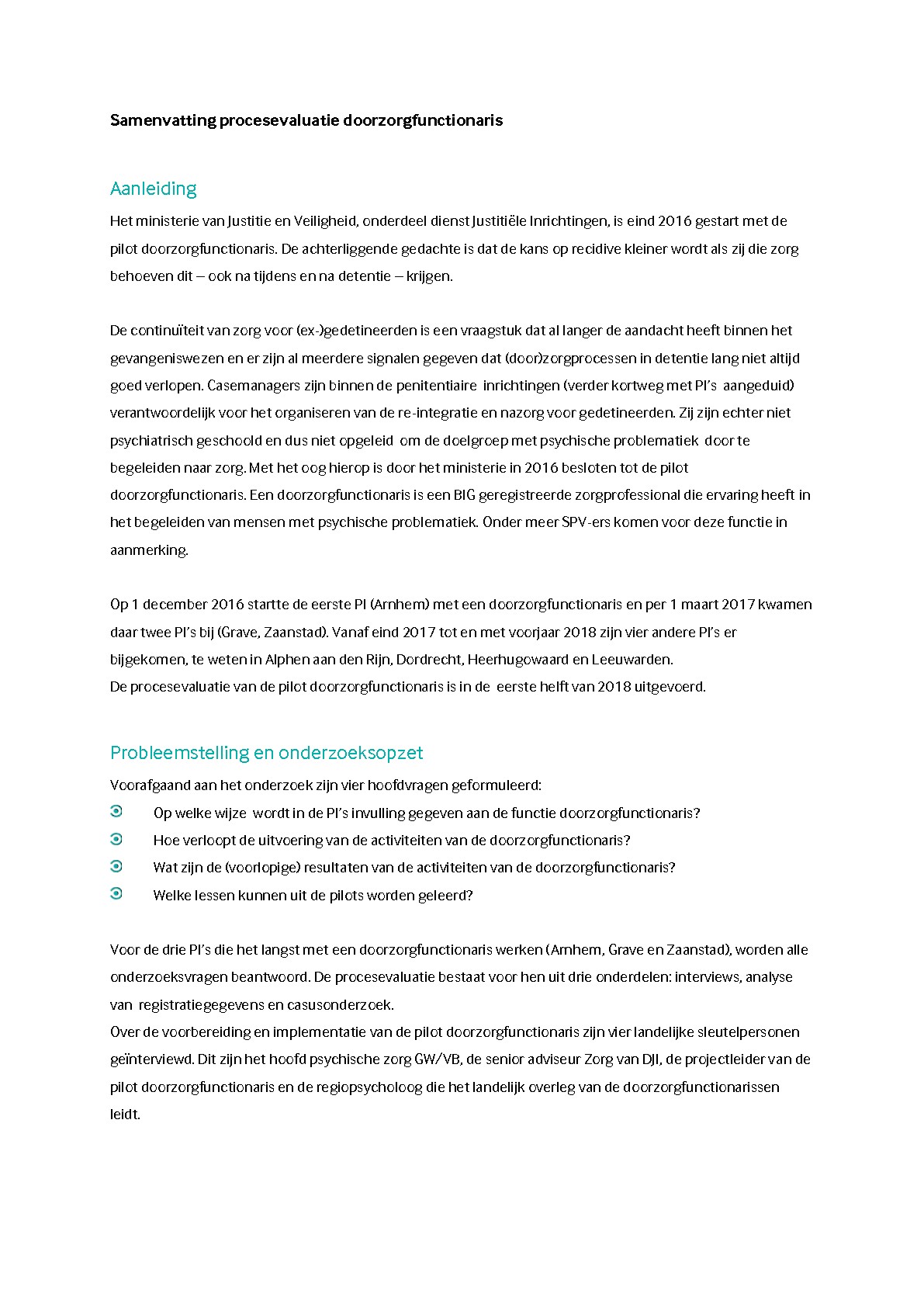 Samenvatting procesevaluatie pilot Doorzorgfunctionaris PI’s