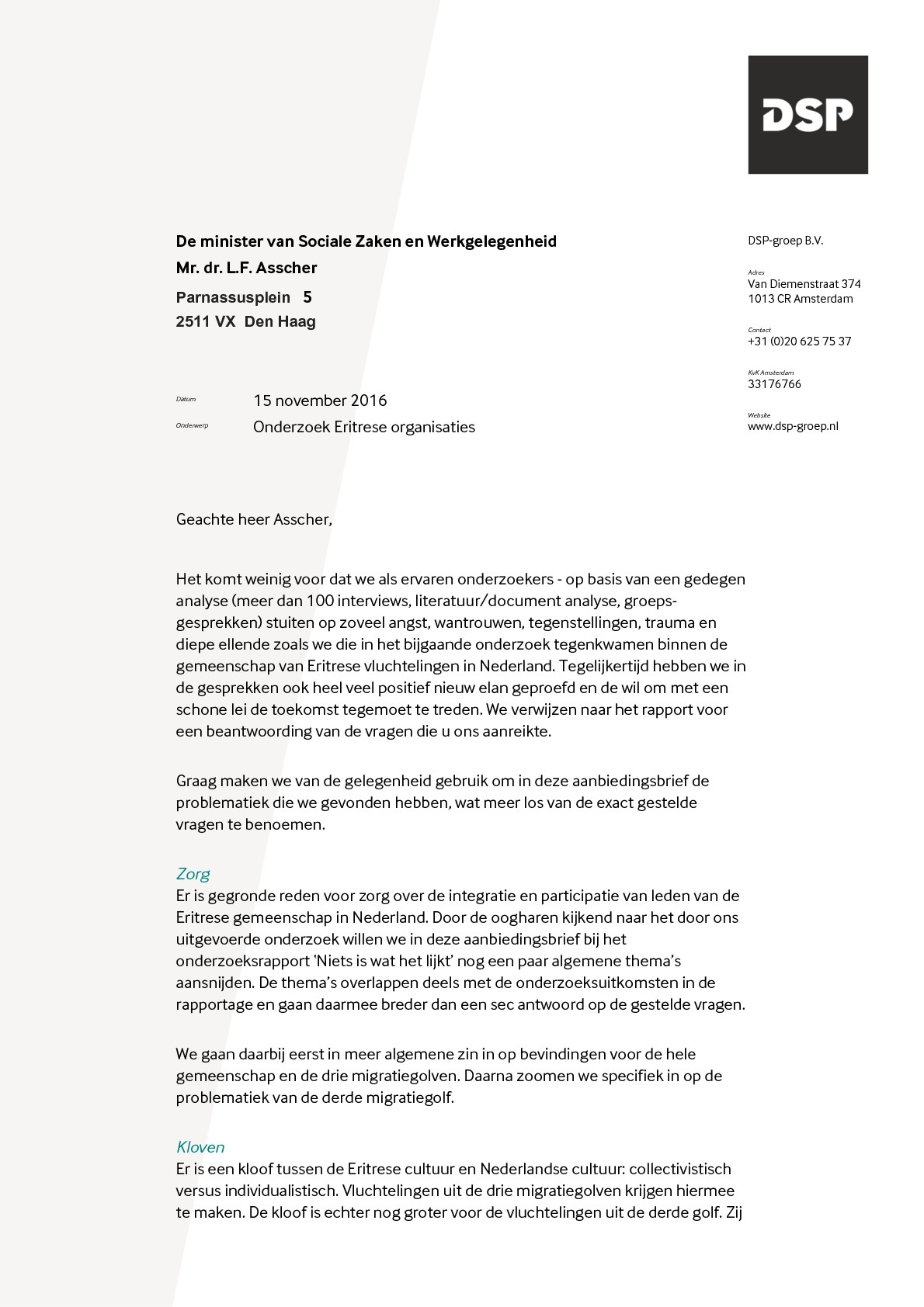 Aanbiedingsbrief aan minister L. Asscher bij Rapport Eritrese organisaties