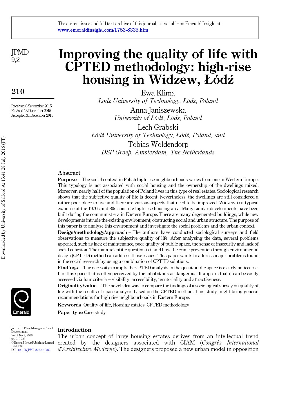 Improving the quality of life with CPTED methodology: high-rise housing in Widzew, Lódz